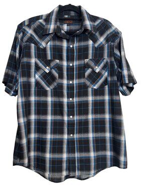 Plains Western Size Large Snap Button Men’s Plaid Shirt Short Sleeve